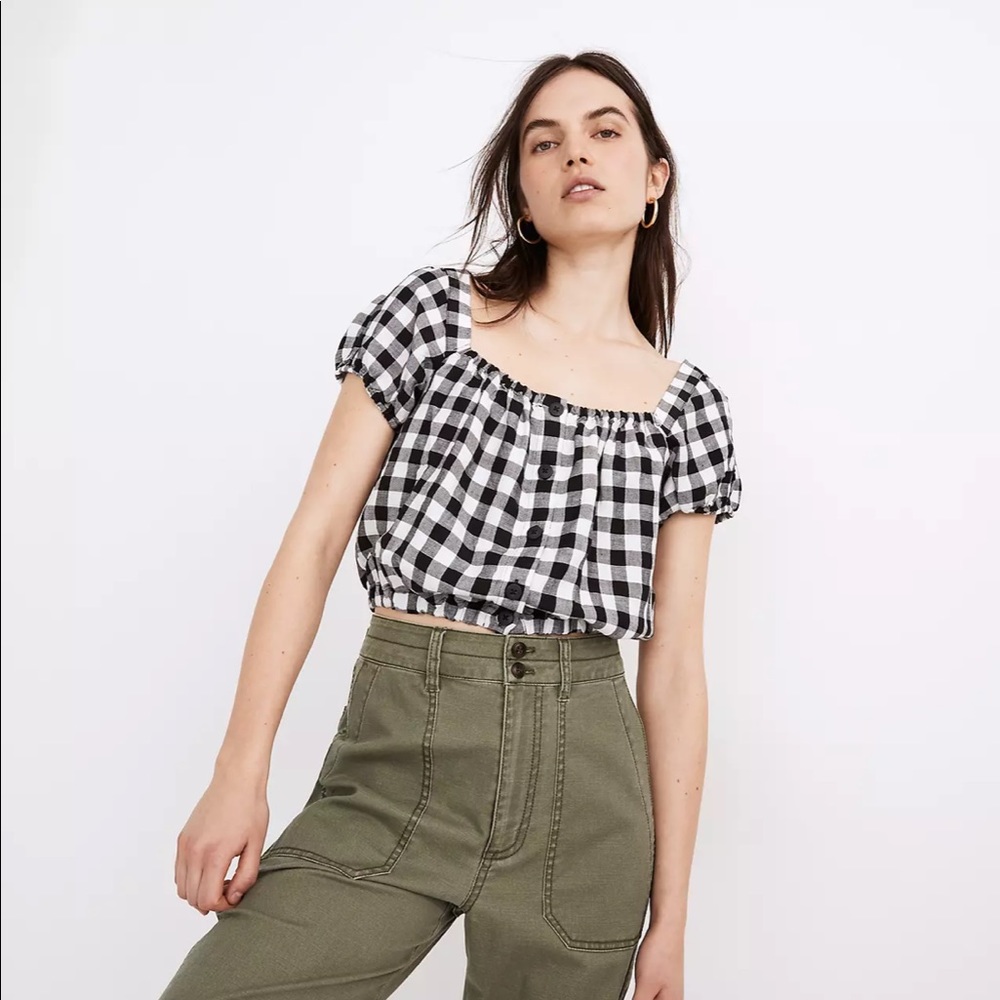 Linen-Blend Puff-Sleeve Button-Front Crop Top in Gingham Check (Madewell)
